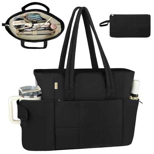 Puffer Tote Bag with Large Cup Holder& 15.6 Inch Laptop Compartment, Lightweight Puffy Work Bag with Water Bottle Pocket, Large Laptop Tote with Clutch Purse for Women Teacher Nurse (Black)
