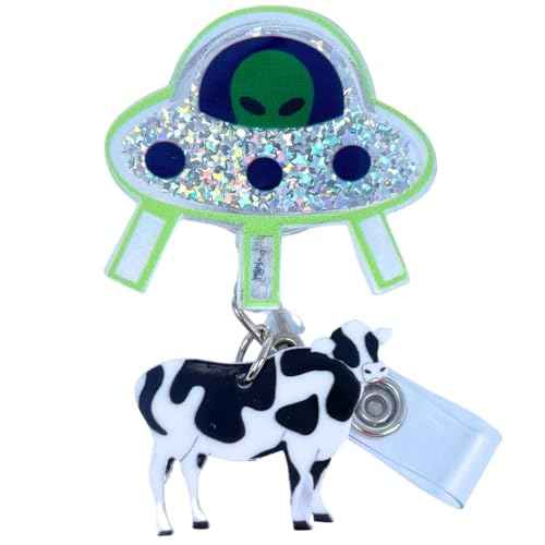 Cute UFO Cow Badge Reel Holder Retractable with ID Clip for Nurse Nursing Name Tag Card Funny Accessories with Alligator Clip Medical Assistant Office Student Work Hospital