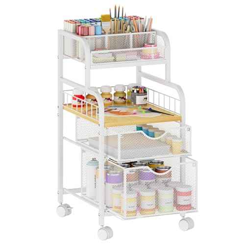 SWTYMIKI Rolling Cart with Drawers - Metal Utility Cart with Wood Shelf, DIY Divider and Locking Wheels, Craft & Art Cart Organizer for Under Desk Storage for Home Office Studio, White