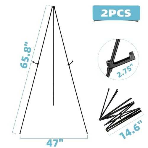 2PCS Black Easel Stand for Wedding Sign Stand, 66 Inch Portable Adjustable Poster Stands for Display, Floor Tripod Collapsible Display Easel, Balck Metal Easel Stand with Portable Bags