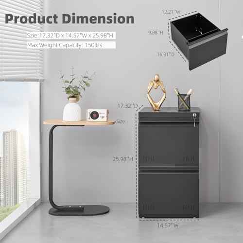 2 Drawer File Cabinet with Lock, Vertical File Cabinets for Home Office, Printer Stand, Heavy Duty Steel Office Storage Cabinet for Letter/Legal/A4, Assembly Required(Black)