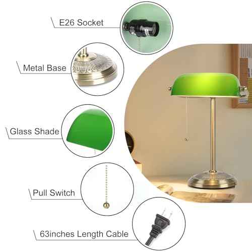 Bankers Lamp, Green Desk Lamp with Brass Finish, Classic Table Lamp with Pull Switch for Home, Office, Study (Green)