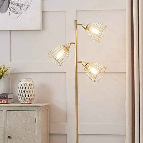 WOXXX Industrial Floor Lamp for Living Room Bright Lighting Tall Stand Up Lamp Farmhouse Rustic Modern Gold Tree Floor Lamps for Bedrooms, Office with Reading Light Standing Lamp 3 LED Bulbs Included