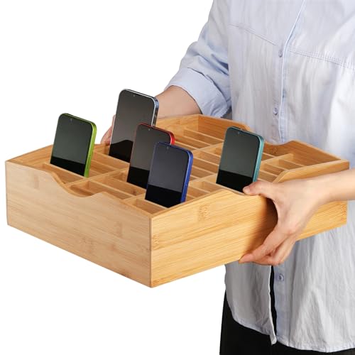 Lawei 36-Grid Bamboo Cell Phones Storage Box, Desktop Mobile Phone Holder Organizer Storage Box for Teachers Classroom School Office, Finishing Grid Multi Cell Phone Rack Display, No Assembly Required