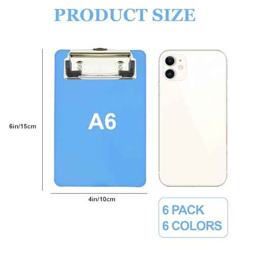 4x6in Mini Clipboards, 6 Pack Plastic Small Clipboards, A6 Letter Size Mini Clipboard with Retaining Clips, Memo Size Notepads Pocket Clipboard, Colorful Clip Boards for Classroom Restaurants Office