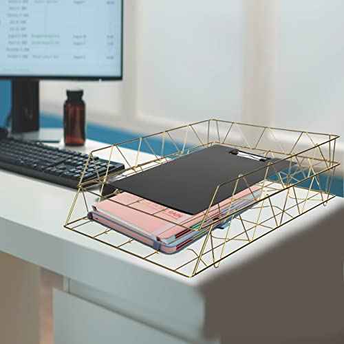 Performore 2 Pack of 11x17 Gold Stackable Wire Desk Trays, Paper Tray Organizer for Desk, Multifunctional File Document Holder and Storage for Office Desktop Organization and Accessories