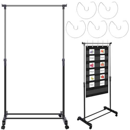 Adjustable Pocket Chart Stand Stainless Steel Expandable Chart Stand with Casters Rolling Anchor Holder with 5 Rings for Classroom Home Educational Tools, Adjustable to 63 Inch(Black)