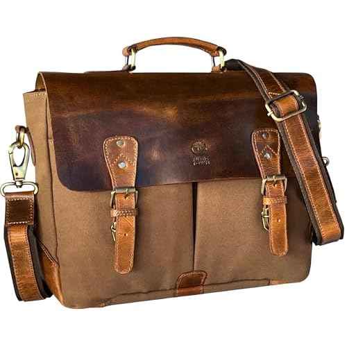 RUSTIC TOWN Leather Canvas Messenger Bag for Men Women - Vintage Laptop Satchel Leather Briefcase (14 Inch, Olive Green)