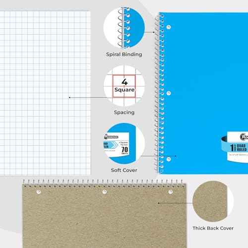 Rosmonde 1 Subject Graph Paper Spiral Notebook, 24 Pack, 70 Sheets (140 Pages), 8 x 10-1/2" Bulk 4x4 Spiral Bound Grid Notebooks, 3 Hole Punched Single Subject Quad Ruled Spiral Notebooks for School
