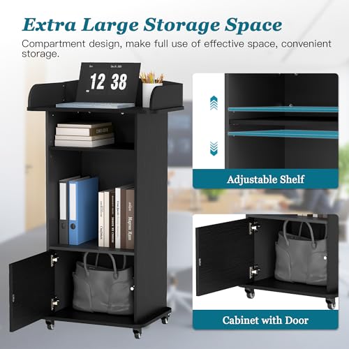 Qriocioa Black Podium Stand with 4 Wheels, Wooden Lectern with Storage