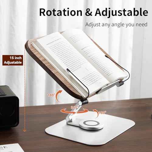 Book Stand for Reading, Mayhas Adjustable Book Holder with 360¡Æ Swivel Base&Page Clips, Foldable Desktop Stand for Cookbook, Fits All Books (Walnut, Aluminum Base)
