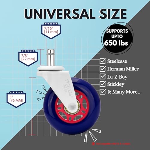 SPOTLESS GEAR 3-Inch Replacement Chair Casters | Silent Roller Wheels for Hardwood & Carpet (Set of 5)