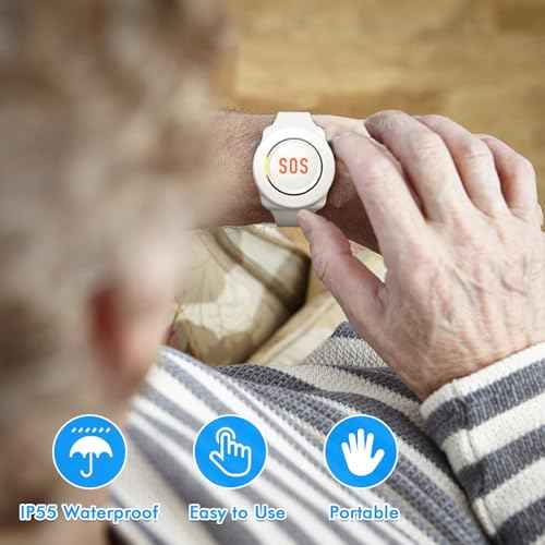 Daytech Wireless Wrist Pager Caregiver Call Button in Home System Watch Alarm Nurse Personal Help Alert for Patients Elderly 1 Watch Call Button 2 plugin Receiver