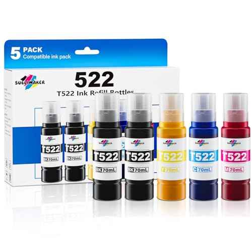 522 Ink Refill Bottles (NotSublimation Ink) Compatible Replacement for Epson Ecotank ET-2800 ET-2720 ET-4800 ET-2803 ET-2400 ET-4700 ET-2840 ET-4810 ET2800 ET4800 ET2803 ET2400 Printers (5 Packs)