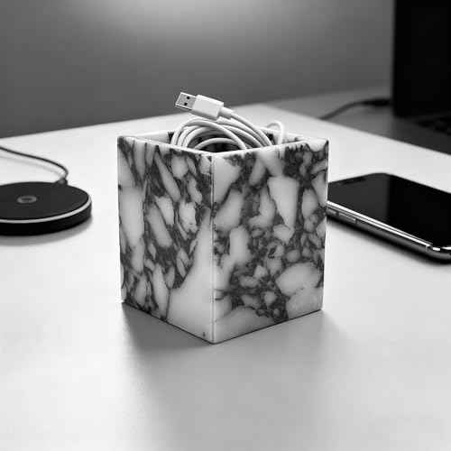 Marble Pen Holder, White Stone Rectangular Desktop Organizer, Office Study Makeup Brush Storage, Home Desk Decor, Minimalist Design, Durable Marble Accessory