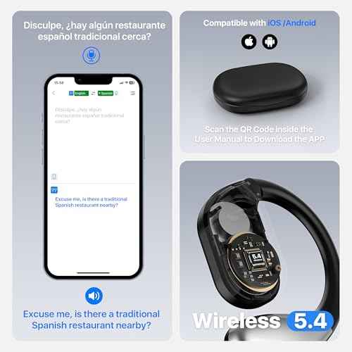 AI Language Translator Earbuds, OWS Real-Time 3-in-1 Translation Earbuds 144 Languages & Accents, Translation Device for Travel Business Learning,Black