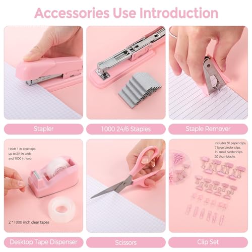 Pink Office Desk Accessories Set with Stapler and Tape Dispenser – SKYDUE