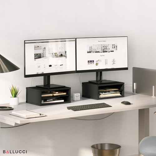 Ballucci File Organizer, 2-Tier Document Paper Sorter, Stackable Wood Desk Organizer Mail Holder, Monitor Stand with Storage Shelves, Black