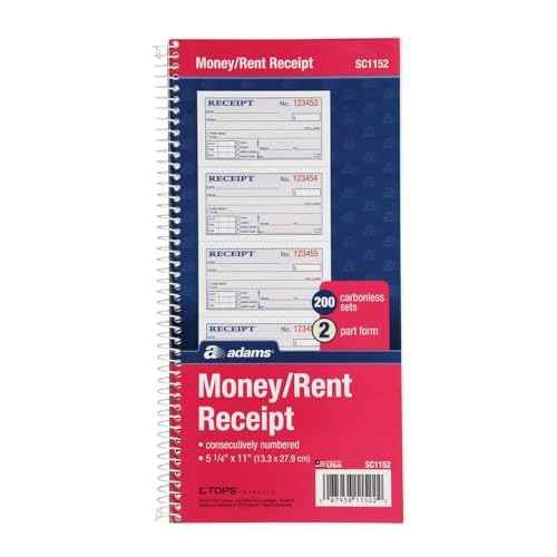 Adams Money and Rent Receipt Book, 2-Part Carbonless, 5-1/4" x 11", Spiral Bound, 200 Sets per Book, 4 Receipts per Page (SC1152)