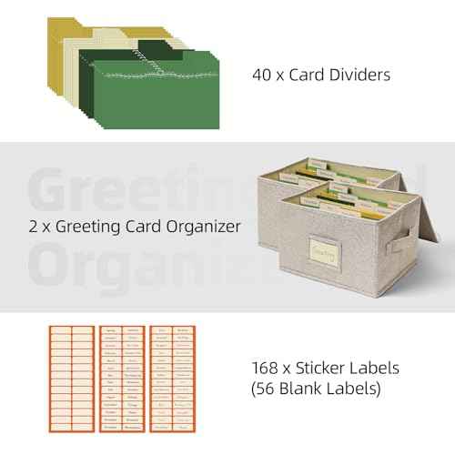 Vienrose Greeting Card Organizer Storage Box with 20 Removable Dividers, 84 Self-stick Labels, Perfect for Photos, Envelopes, Scrapbooking, Paper, Stickers Holder 2 Pack Beige