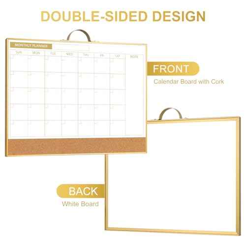 ARCOBIS Dry Erase Calendar with Cork Board for Wall, 12"x16" Double-Sided Calendar Whiteboard & White Board with Gold Frame, Magnetic Monthly Planning Board for Home, Office, School