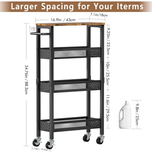Gibyela 4-Tier Slim Rolling Cart with Wood Top, Black 7.1in Width