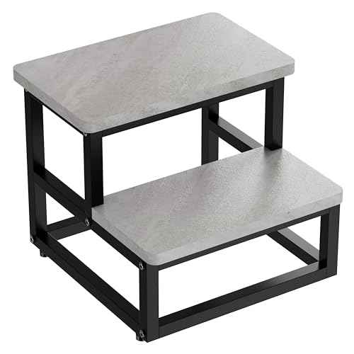 Step Stools, Heavy Duty Stepping Stool for Kids Adults, Non-Slip Metal and Wooden 2 Steps Foot Stool for High Beds and Kitchen, Round Corner, 500 Lbs Capacity, Cement Gray