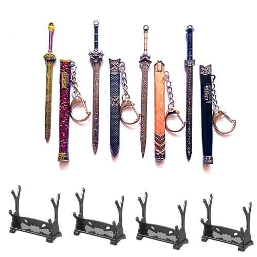 4 Mini Samurai Sword Keychain Vintage Letter Openers with Display Stand Decorative Display Piece