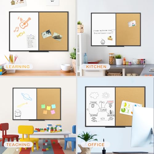 JILoffice 36 x 24 Inch White Board & Corkboard Combo Wall Mount Magnetic Whiteboard with Black Aluminum Frame and 10 Push Pins