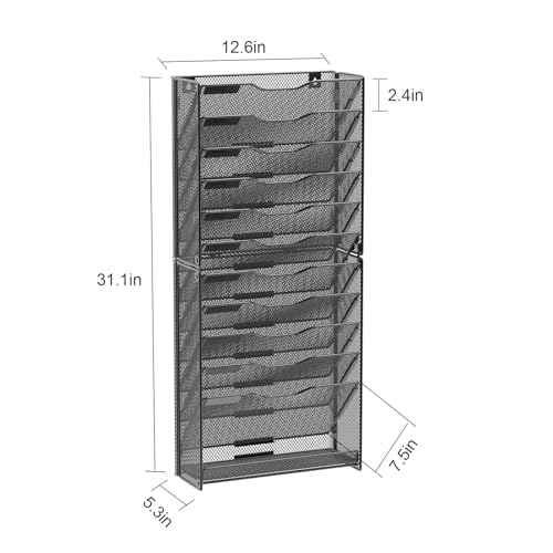 samstar 12 Tier Wall File Organizer, Hanging Wall Mount File Holder Paper Folder Mail Organizer, Mesh Metal, Black.