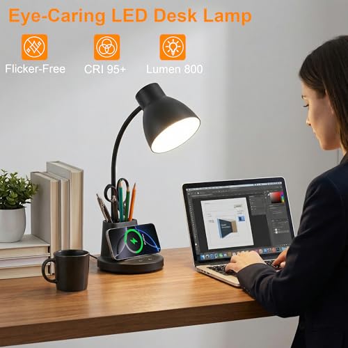 Black 10W Wireless Charging LED Desk Lamp with Pen Holder - Eye-Caring, Adjustable Brightness