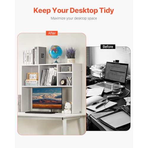 VEVOR Desktop Bookshelf, Storage Organizer with 5 Shelves for Computer Desk, Wooden Shelf Desk Hutch with Anti-Slip Feet Pads, Desk Top Display Rack for Office, Home & Dorm, White