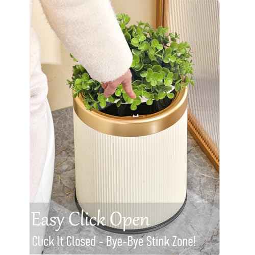 Yatmung Bathroom Trash Can with Lid - Decorative Trash Bin (Faux Plant) - Small Bathroom Garbage Can - Bedroom, Living Room, Entryways - Plastic Hidden Waste Basket - 2.6 Gal, Cream with Gold Edge