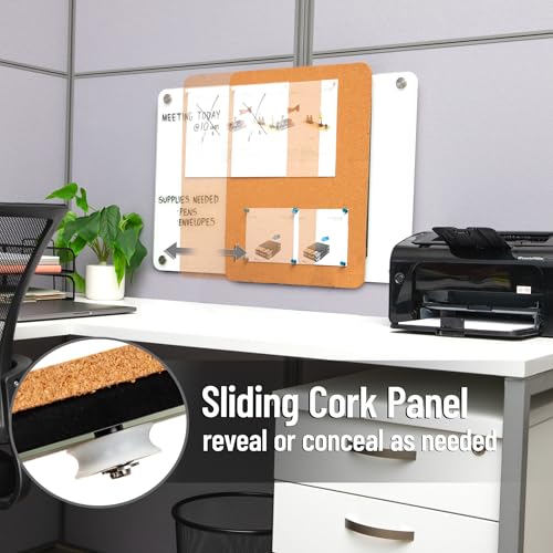 Mind Reader Glass Dry Erase Board with Sliding Corkboard 28x19.5" - Wall Mount Combo