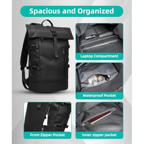 Rolltop Backpack Waterproof for Women & Men 33L Large Bike Backpack 15.6-inch Laptop Backpack Lightweight Perfect for Work School Travel and Outdoor Activities - Black