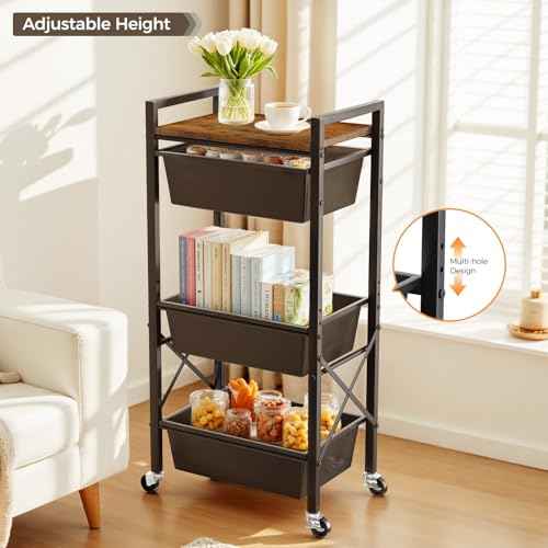 3 Tier Rolling Utility Cart with Drawer, Plastic Drawer Storage Snack Craft Book Cart with Lockable Wheels & Wood Tabletop, Metal Shelf Storage Organizer Cart for Kitchen, Bedroom, Office, Black