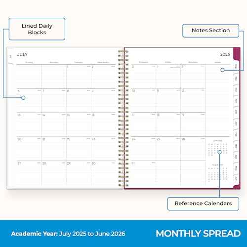 Blue Sky 2025-2026 Weekly and Monthly Academic Year Planner Calendar, July 2025 - June 2026, 8.5" x 11", Flexible Cover, Wirebound, Storage Pocket, Laminated Tabs, Roosevelt Pink