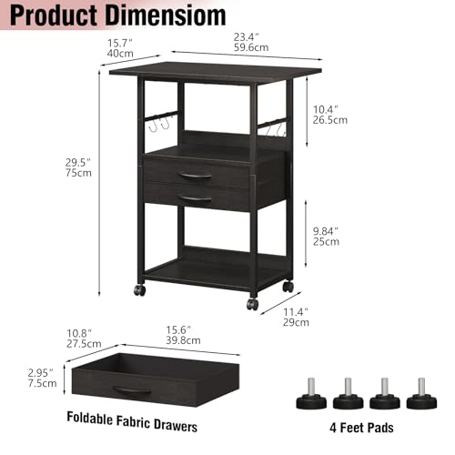 Large Printer Stand with Storage Fabric Drawer Under Desk Printer Table with Wheels for Home Office, Printer Cart fit Fax Machine Scanner (Black, 3 Tiers)