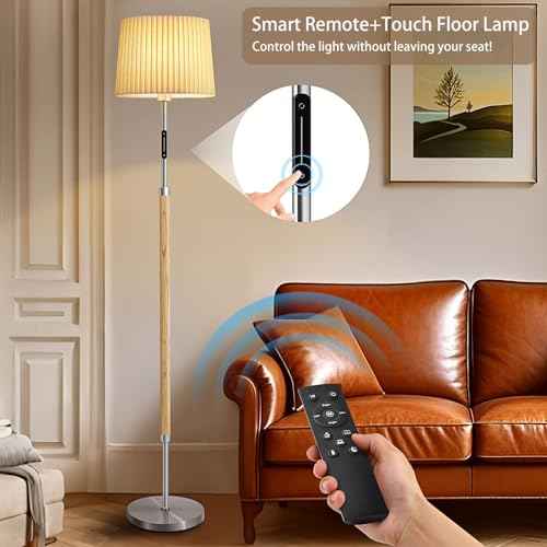 Floor Lamps for Living Room, 61" Natural Wood Floor Lamp with Remote & Touch Control, Stepless Dimmable, Modern Farmhouse Standing Lamp with Double-Layer Pleated Lampshade for Bedroom Office