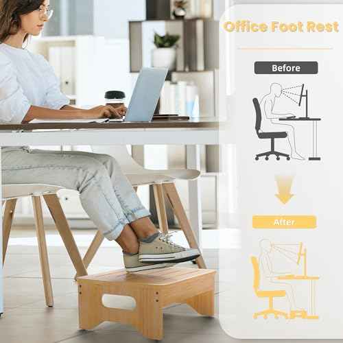 Wooden Step Stool for Adults & Kids, Non-Slip Rubber Feet, 6.5 Inch High, Lightweight Small Step, 400 Lbs Capacity, Bed Step Stool for High Bed, Bathroom & Kitchen, Bamboo