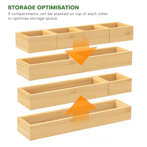 Bamboo Drawer Organizer Set, 9 PCS Multi-Use Individual Wood Storage Organizers, Junk Drawer Divider and Storage Trays Containers for Kitchen, Bathroom, Office Desk, Makeup, Jewelry, Utensils