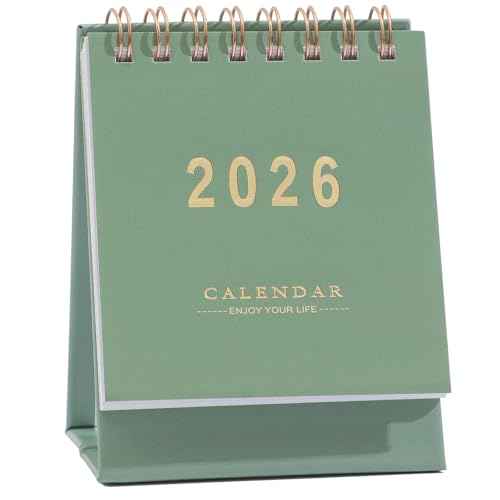 Mini Desk Calendar 2025-2026 - Runs From Now until Dec 2026 Monthy Small Desktop Calendar 250 GSM Thick Paper Twin-Wire Binding for Home or Office (Green)
