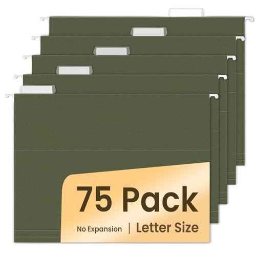 SUNEE Hanging File Folders, 75 Pack Reinforced Hang Folders Letter Size, Adjustable 1/5-Cut Tabs, Designed for Bulky Files, Filing Cabinet, Standard Green