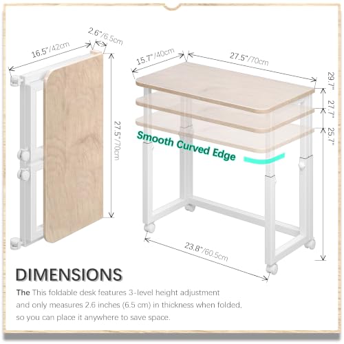 4NM Cloud Oak 27.5-inch Foldable Portable Desk with Wheels - Space-Saving Home Office Table