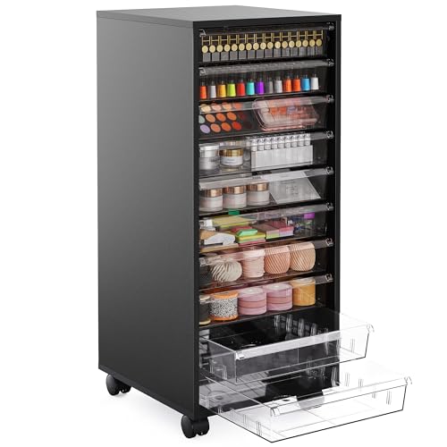 WOPITUES 10-Drawer Mobile Storage Cart on Wheels – Black Makeup & Cosmetic Organizer