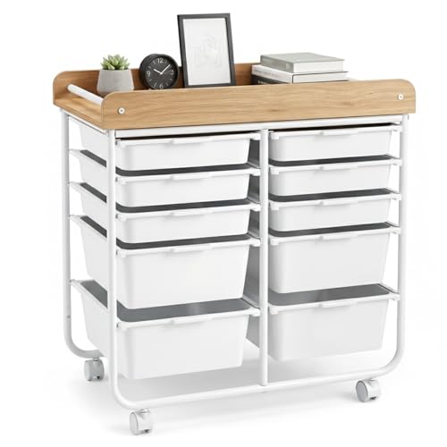 LDAILY White 10-Drawer Rolling Cart with Wooden Top – Lockable Wheels, Dual-Size Drawers