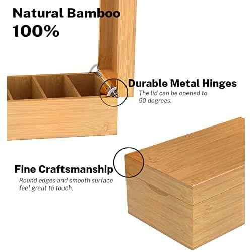Neando Bamboo Recipe Card Organizer for 4x6 Cards ? Wooden Index Card Storage Box with Lid, 4 Compartments, 600-Card Capacity, Includes 20 Tabbed Guides ? Natural Kitchen Filing System