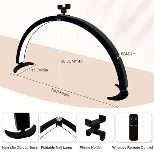 29in Half Moon Light for Nail Desk, Foldable Nail Light for Desk, Large LED Desk Lamp Professional Lash Lamp Adjustable Brightness with Phone Holder for Manicure,Drawing,Craft,Makeup,Tattoo(Black)