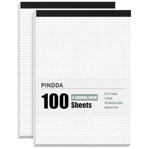 Graph Paper Notebook, 2 Pack, 8.5 x 11 Grid Paper, 4x4 Graph Ruled, 50 Sheets per Pad, Easy-Tear Perforations, 8.5 x 11 Cardboard Backing, for Math, Drafting, Drawing, Engineering