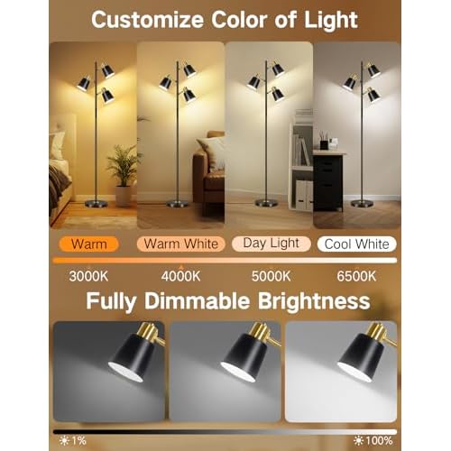 OUTON LED Tree Floor Lamp, Modern Dimmable Standing Lamp with Remote & Touch Control, 4 Color Temperatures, 3 Rotatable Lights Floor Lamps for Living Room, Bedroom, Office, Black & Gold